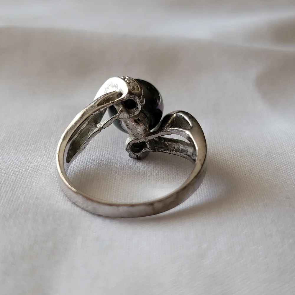 Faux Black Pearl Ring Silver Tone